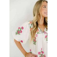 8.28 Boutique:THML,THML White Floral Puff Sleeve Top,Shirts & Tops