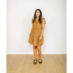 8.28 Boutique:THML,THML Flutter Sleeve Corduroy Midi Dress in Camel,Dress