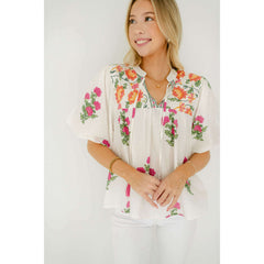 8.28 Boutique:THML,THML White Floral Puff Sleeve Top,Shirts & Tops