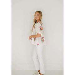 8.28 Boutique:THML,THML White Floral Puff Sleeve Top,Shirts & Tops