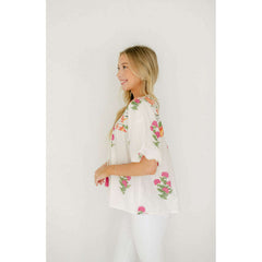 8.28 Boutique:THML,THML White Floral Puff Sleeve Top,Shirts & Tops