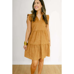 8.28 Boutique:THML,THML Flutter Sleeve Corduroy Midi Dress in Camel,Dress