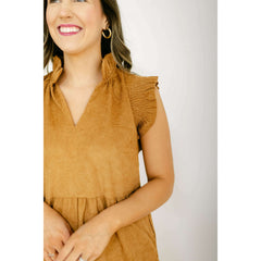 8.28 Boutique:THML,THML Flutter Sleeve Corduroy Midi Dress in Camel,Dress