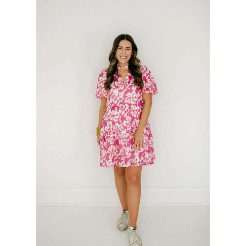 8.28 Boutique:Joy*Joy,Jade Melody Tam Magenta Hibiscus Puff Sleeve Tiered Dress,Dress