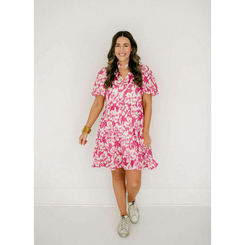 8.28 Boutique:Joy*Joy,Jade Melody Tam Magenta Hibiscus Puff Sleeve Tiered Dress,Dress