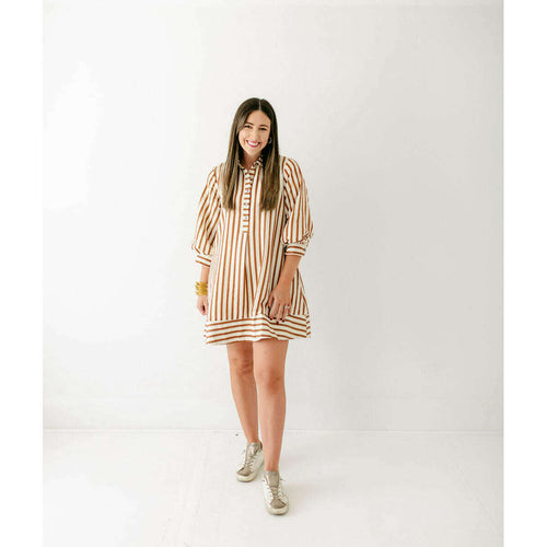 8.28 Boutique:Entro,Entro Brown and White Stripe Ballon Sleeve Dress,Dress