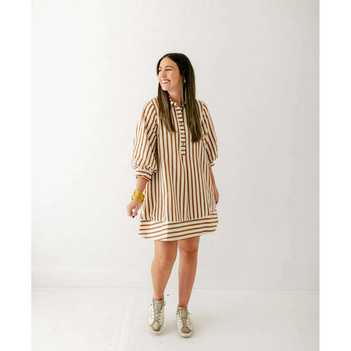 8.28 Boutique:Entro,Entro Brown and White Stripe Ballon Sleeve Dress,Dress