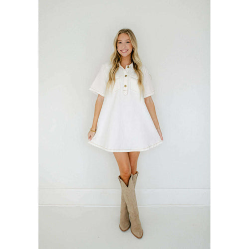 8.28 Boutique:Karlie Clothes,Karlie Denim Pocket Swing Shirt Dress in Ivory,Dress