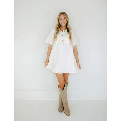 8.28 Boutique:Karlie Clothes,Karlie Denim Pocket Swing Shirt Dress in Ivory,Dress