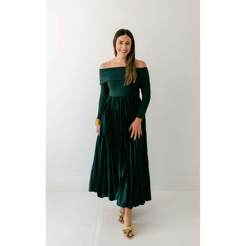 8.28 Boutique:Hutch,Hutch Blythe Off the Shoulder Pleated Dress in Forest Green,Dress