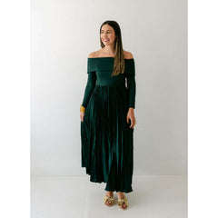 8.28 Boutique:Hutch,Hutch Blythe Off the Shoulder Pleated Dress in Forest Green,Dress