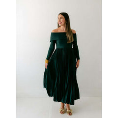 8.28 Boutique:Hutch,Hutch Blythe Off the Shoulder Pleated Dress in Forest Green,Dress