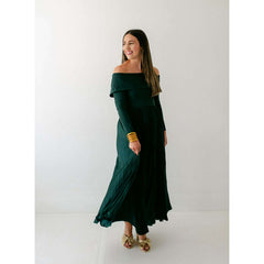 8.28 Boutique:Hutch,Hutch Blythe Off the Shoulder Pleated Dress in Forest Green,Dress