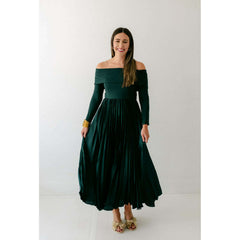 8.28 Boutique:Hutch,Hutch Blythe Off the Shoulder Pleated Dress in Forest Green,Dress