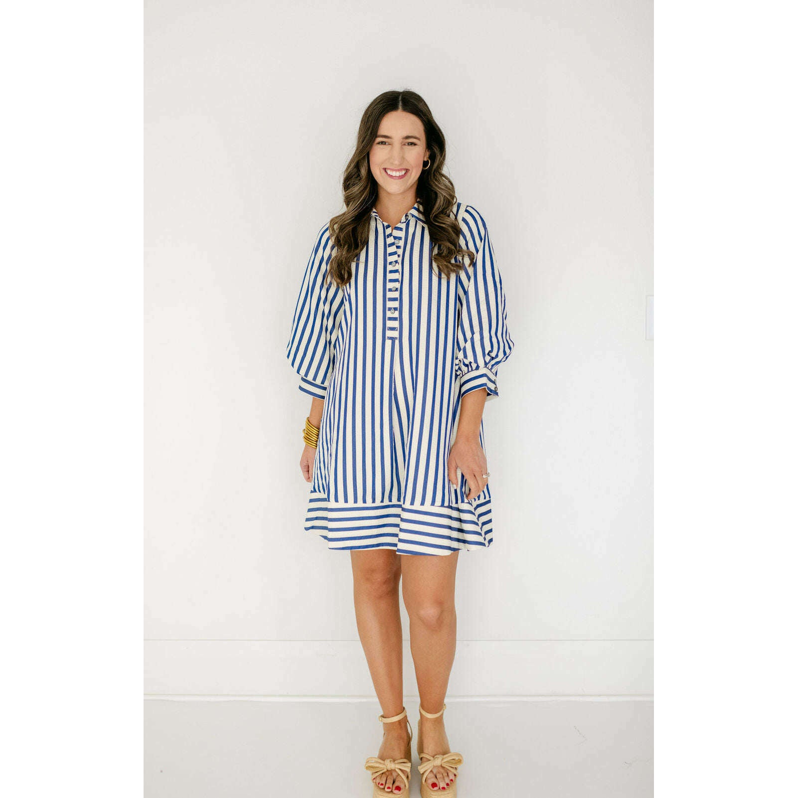 8.28 Boutique:Entro,The Kelly Blue Bell Sleeve Stripe Dress,Dress