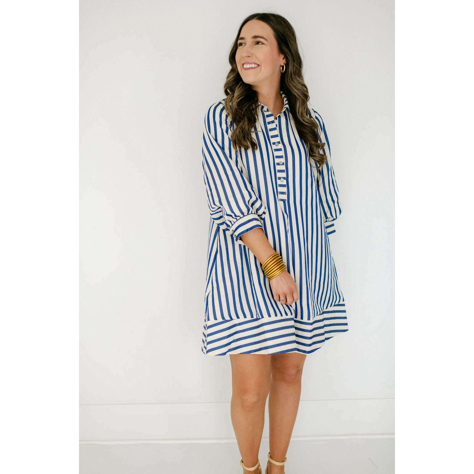 8.28 Boutique:Entro,The Kelly Blue Bell Sleeve Stripe Dress,Dress