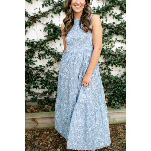 8.28 Boutique:Aureum,Aureum Blue Floral Tiered Maxi Dress,Dress