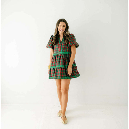 8.28 Boutique:8.28 Boutique,The April Green and Red Plaid Ric Rac Dress,Dress