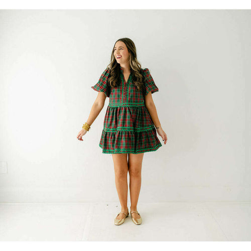 8.28 Boutique:8.28 Boutique,The April Green and Red Plaid Ric Rac Dress,Dress