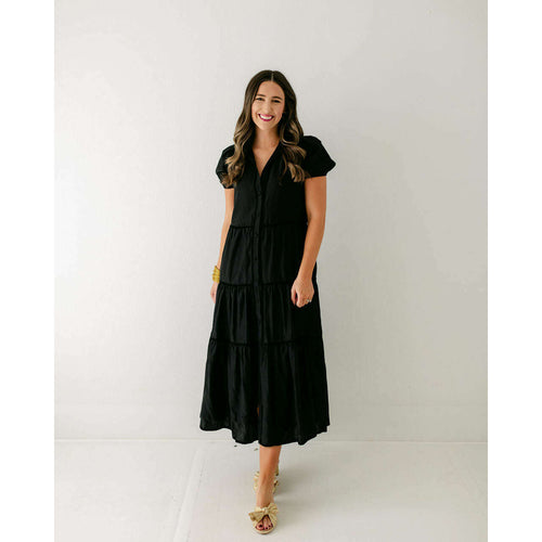 8.28 Boutique:Sail to Sable,Sail to Sable Black Puff Sleeve Midi Shirt Dress in Black,Dress