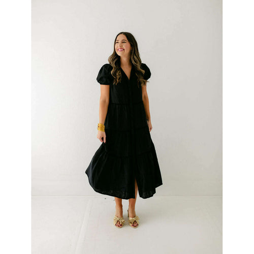 8.28 Boutique:Sail to Sable,Sail to Sable Black Puff Sleeve Midi Shirt Dress in Black,Dress