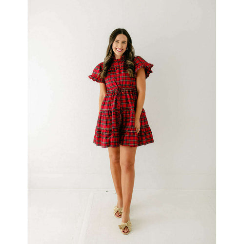 8.28 Boutique:Sail to Sable,Sail to Sable Red Tartan Tie Waist Shirt Dress,Dress