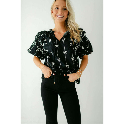 8.28 Boutique:Entro,The Addison Black Bow Ruffle Top,Shirts & Tops