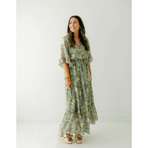 8.28 Boutique:Jade Melody Tam,Jade Melody Tam Leaf Print Maxi Dress in Olive,Dress