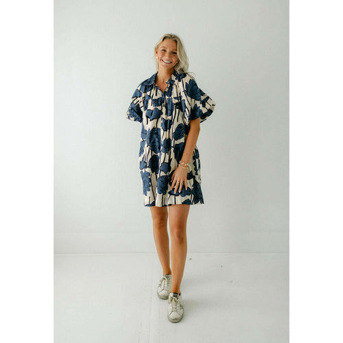 8.28 Boutique:Aureum,Aureum Blue Floral Bubble Sleeve Mini Dress,Dress