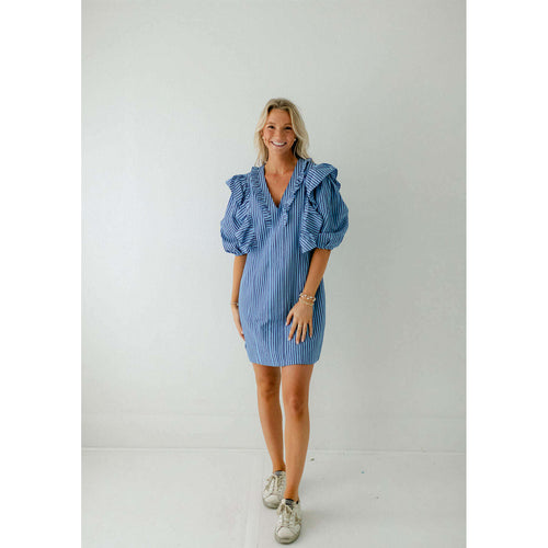 8.28 Boutique:Karlie Clothes,Karlie Blue Stripe V-Neck Puff Sleeve Dress,Dress