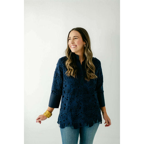 8.28 Boutique:Jade Melody Tam,Jade Melody Tam Navy Lace Tunic,Shirts & Tops