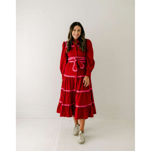 8.28 Boutique:8.28 Boutique,The Ashton Red and Pink Corduroy Midi Dress,Dress