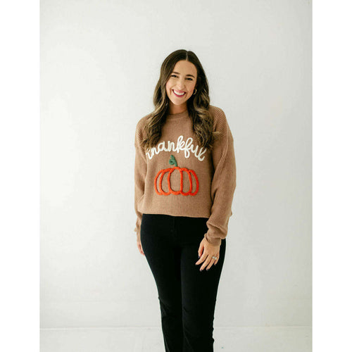 8.28 Boutique:8.28 Boutique,The Bethany Pumpkin Thankful Sweater in Brown,Sweaters