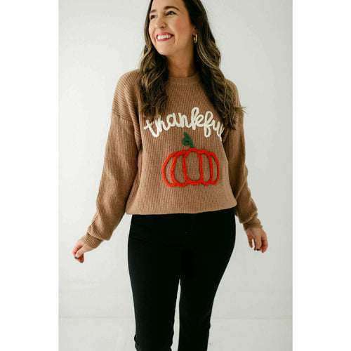 8.28 Boutique:8.28 Boutique,The Bethany Pumpkin Thankful Sweater in Brown,Sweaters