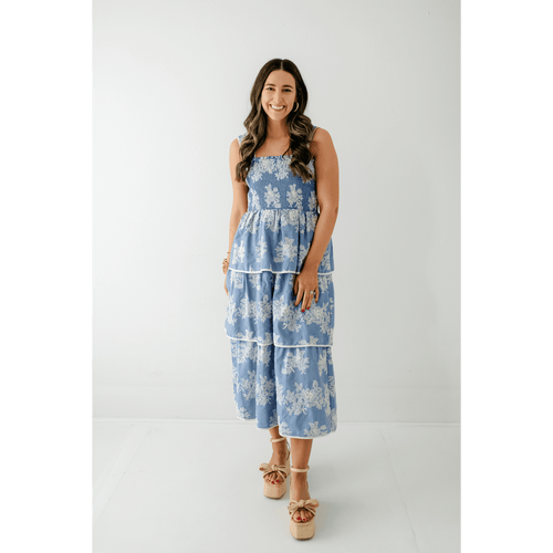 8.28 Boutique:Aureum,Aureum Blue Embroidered Tiered Midi Dress,Dress