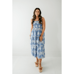 8.28 Boutique:Aureum,Aureum Blue Embroidered Tiered Midi Dress,Dress