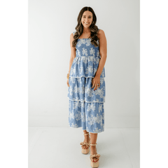 8.28 Boutique:Aureum,Aureum Blue Embroidered Tiered Midi Dress,Dress