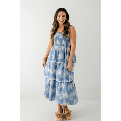 8.28 Boutique:Aureum,Aureum Blue Embroidered Tiered Midi Dress,Dress