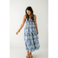 8.28 Boutique:Aureum,Aureum Blue Embroidered Tiered Midi Dress,Dress