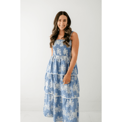 8.28 Boutique:Aureum,Aureum Blue Embroidered Tiered Midi Dress,Dress