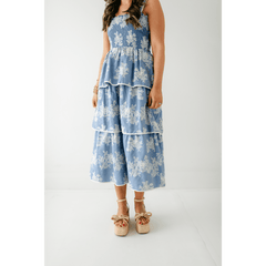 8.28 Boutique:Aureum,Aureum Blue Embroidered Tiered Midi Dress,Dress