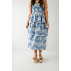 8.28 Boutique:Aureum,Aureum Blue Embroidered Tiered Midi Dress,Dress