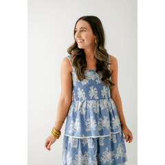 8.28 Boutique:Aureum,Aureum Blue Embroidered Tiered Midi Dress,Dress