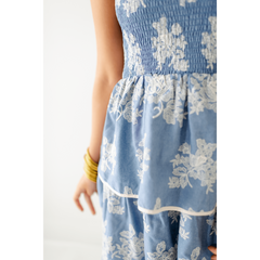 8.28 Boutique:Aureum,Aureum Blue Embroidered Tiered Midi Dress,Dress