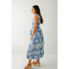 8.28 Boutique:Aureum,Aureum Blue Embroidered Tiered Midi Dress,Dress