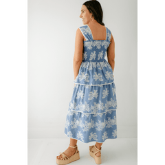 8.28 Boutique:Aureum,Aureum Blue Embroidered Tiered Midi Dress,Dress