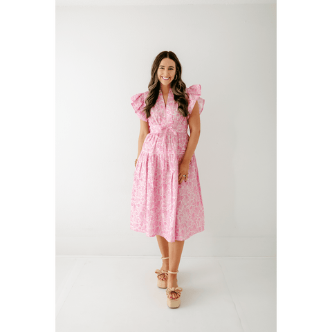 Karlie Pink Puff Sleeve Ruffle Pocket Dress