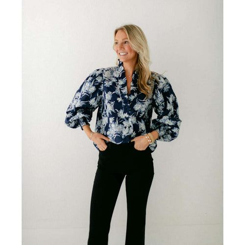 8.28 Boutique:Entro,The Paige Navy Floral Ruffle Collar Top,Shirts & Tops