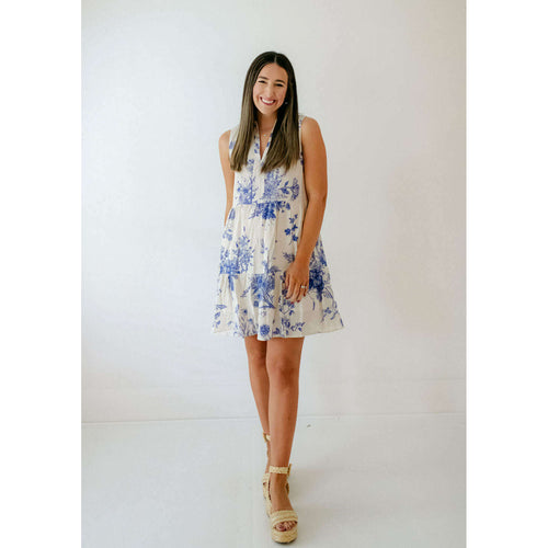 8.28 Boutique:THML,THML Blue and White Sleeveless Floral Dress,Dress