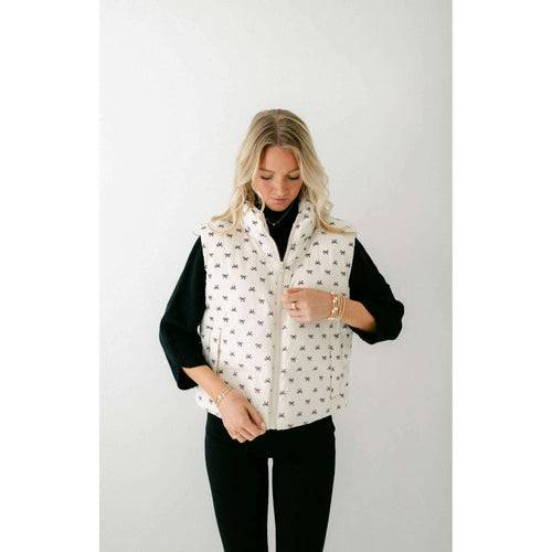 8.28 Boutique:Entro,The Stephanie White and Black Bow Puffer Vest,Vest